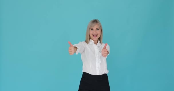 Joyful Exuberant Woman Expressing Her Happiness Giving Thumbs Serene Blue — Stock Video