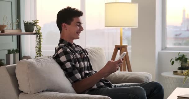Cheerful Smile Young Caucasian Man Engages Texting His Smartphone Joyful — Stock Video