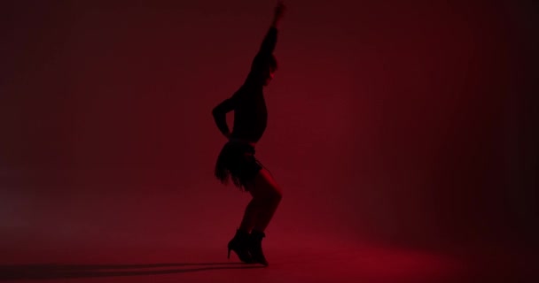 Graceful Silhouette Caucasian Dancer Captured Mesmerizing Slow Motion Red Backdrop — Stock Video