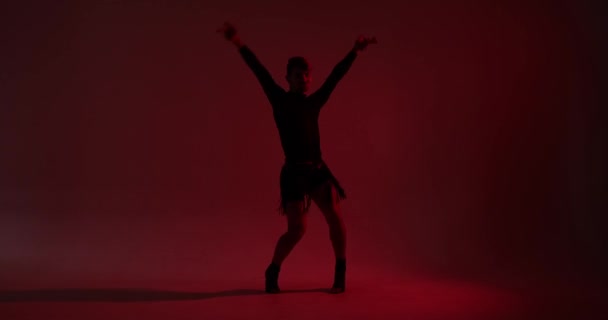Silhueta Uma Dançarina Caucasiana Talentosa Move Graciosamente Contra Cenário Vermelho — Vídeo de Stock