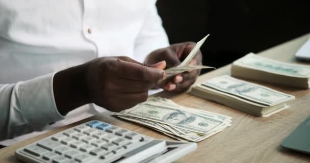 Close Shot Focuses Hands African American Man Meticulously Counts Cash — Stock Video