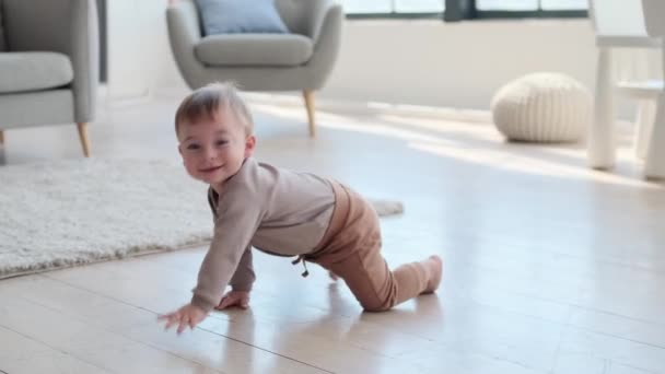 遊び心のあるトッドラーは喜んで床を探索し 好奇心を持ってクロールします 彼の笑顔と赤ん坊は空気を満たし 部屋に無邪気さと喜びのメロディを加え 不思議で目を輝かせました — ストック動画