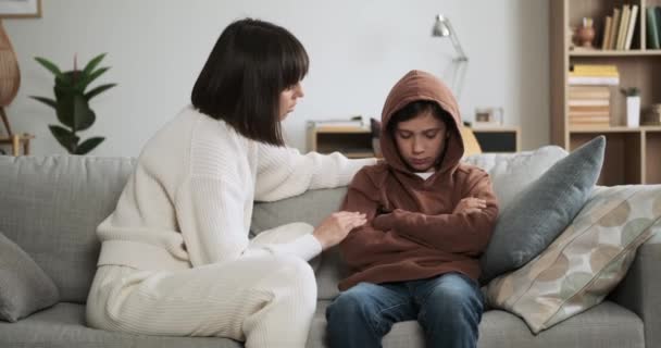 Caring Mother Offers Comfort Solace Distressed Son Her Soothing Words — Stock Video