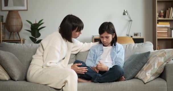 Worried Mother Attentively Listens Sad Son While Sit Together Couch — Stock Video