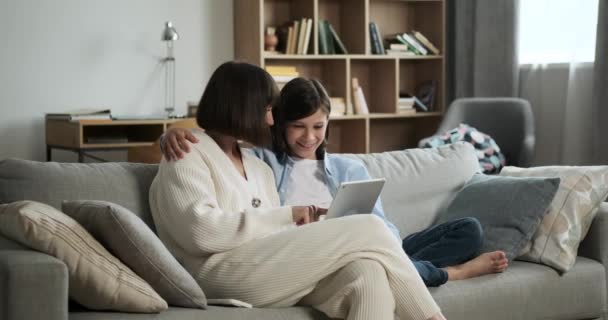 Mother Son Sit Together Living Room Engrossed Digital Tablet Shared — Stock Video