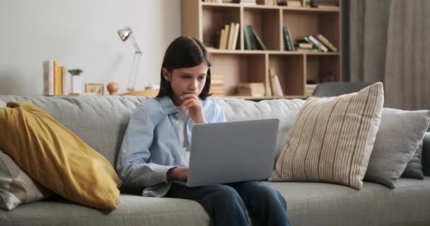Living Room Pensive Young Boy Sits Sofa Laptop Lost Thought — Stock Video