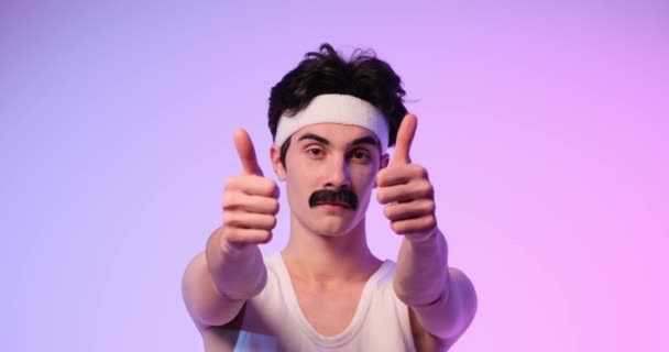 Nod 80S Mustached Caucasian Man Confidently Presents Thumbs Gesture Creating — Stock Video