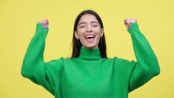 Triumphant Caucasian Woman Yellow Background Joyfully Exclaims Yes Celebration Success — Stock Video