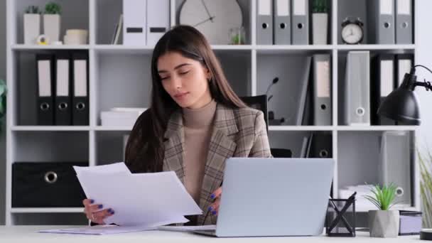 Positive Caucasian Woman Working Office Papers Reports Fees Sitting Table — Stock Video