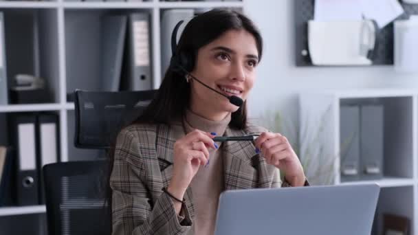 Happy Caucasian Woman Online Support Operator Using Headset Assisting Client — Stock Video