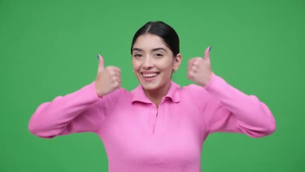 Smiling Young Caucasian Woman Showing Thumbs Sign Dancing Celebrating Victory — Stock Video