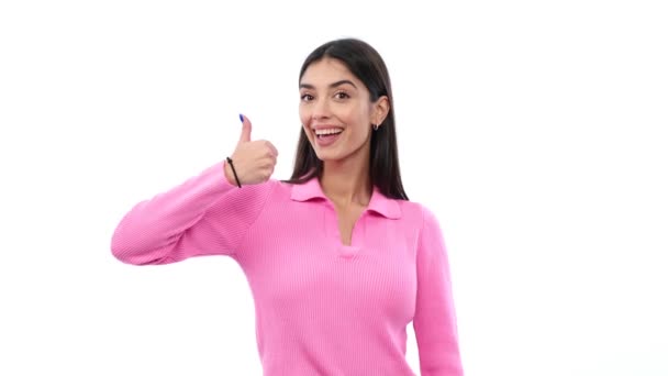 Portrait Funny Delighted Caucasian Woman Thumbs Gesture Approval Laughing Dancing — Stock Video