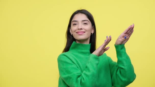 Happy Caucasian Young Woman Dancing Playfully Yellow Background Enjoying Music — Stock Video