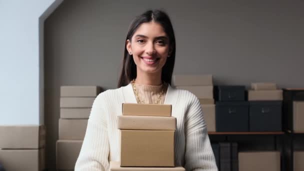 Portrait Smiling Caucasian Female Merchant Cardboard Boxes Warehouse Smiling Camera — Stock Video