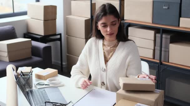 Caucasian Friendly Woman Merchant Inspecting Packages Online Shop Storage Office — Stock Video