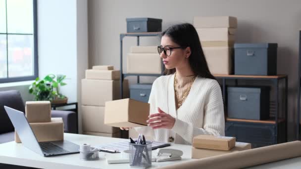 Concentrated Caucasian Businesswoman Working Storage Office Preparing Package Sending Order — Stock Video