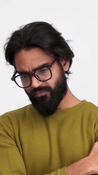 Portrait Unhappy Bearded Young Man Shaking Touching His Head Pain — Stock Video