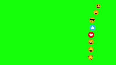 Farklı emoji, çerçevenin sağ tarafında yeşil arka planda uçan simgeler, kroma anahtarı. Sosyal medya canlı, canlı ya da canlı yayın kavramı.