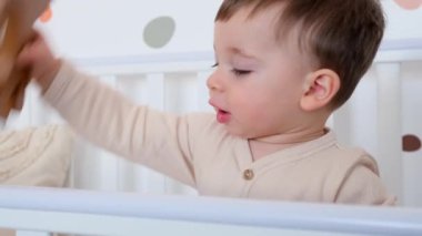 Küçük beyaz bir çocuğun beşikteki tahta at oyuncağıyla tek başına oyun oynarken portresi. Bebeklik ve çocukluk kavramı.