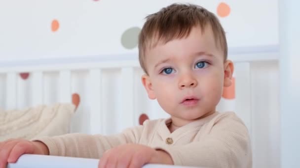 Close Portrait Positive Curious Active Caucasian Toddler Boy Sitting Crib — Stock Video