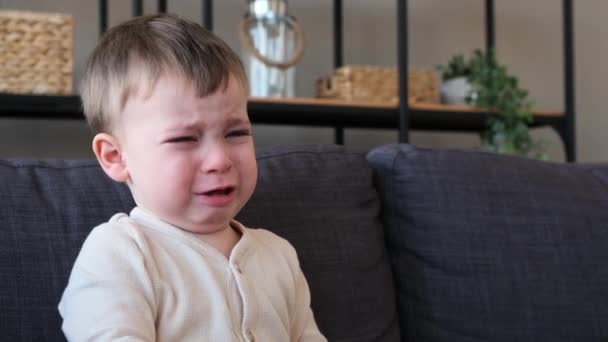可悲的小男孩独自哭泣和尖叫 脸颊上的泪水坐在客厅的沙发上 儿童压力和疲劳 负面情绪概念 — 图库视频影像
