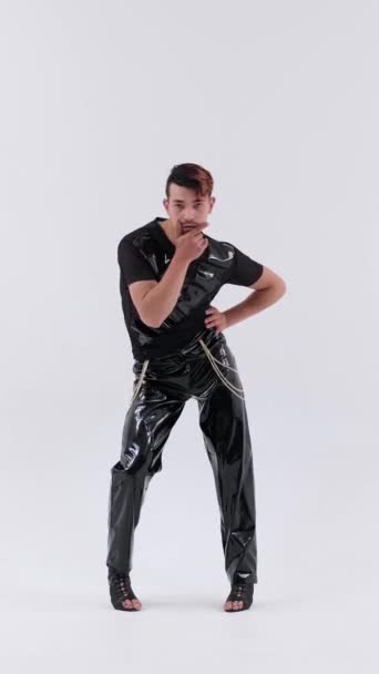 Stylish Caucasian Man Leather Pants High Heels Dancing Vogue Jazz — Stock Video