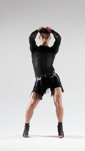 Dynamic Energetic Caucasian Man Dancing Vogue Contemporary Dance Leather Skirt — Stock Video