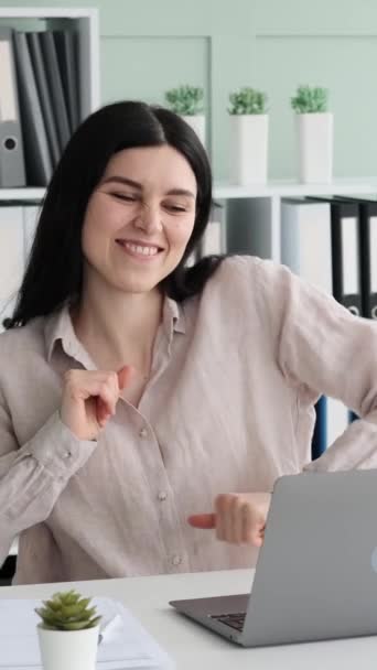 Happy Female Caucasian Office Worker Celebrating Success Dancing Music While — Stock Video