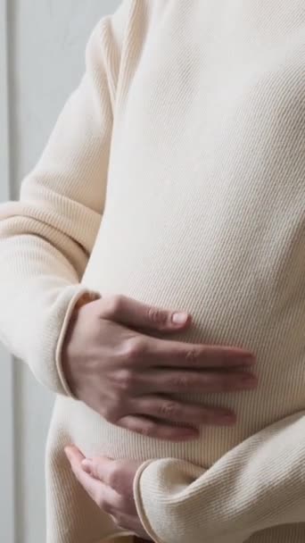 Retrato Una Mujer Embarazada Caucásica Simpática Sonriente Tocando Vientre Casa — Vídeo de stock