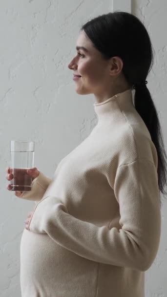 Fröhliche Und Fröhliche Kaukasische Schwangere Die Hause Wasser Aus Dem Stockvideo