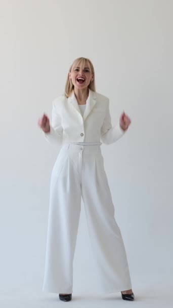 Surprised Caucasian Businesswoman Exclaiming Wow Celebrating Success White Background Concept — Stock Video