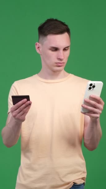 Cheerful Caucasian Young Man Making Purchase Online Shopping Phone Plastic — Stock Video