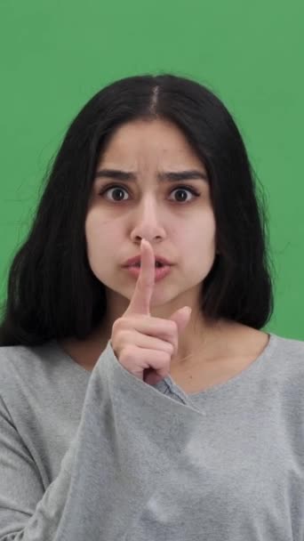 Stern Indian Young Adult Woman Showing Hush Gesture Keeping Privacy — Stok video