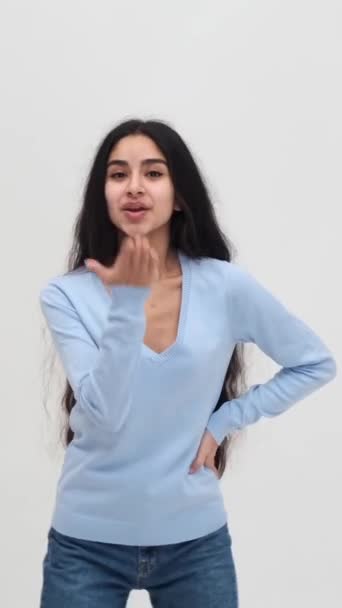 Friendly Charming Indian Young Woman Blowing Air Kiss White Background — Stock Video