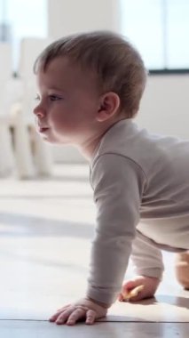 Pozitif ve meraklı küçük beyaz çocuk oturma odasında yerde sürünüyor. Eğitim, merak, etraftaki dünyayı incelemek. Dikey video.