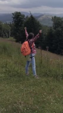 Dağ yolculuğu ya da yürüyüş sırasında, vadiler, ormanlar ve doğa güzellikleriyle çevrili bir kadının heyecanla el kaldırışının havadan görüntüsü. Dikey video.