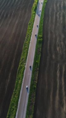Bir otoban üzerindeki arabaların hava manzarası yeşil otlakların arasından geçiyor kırsal bir vadide. Doğanın güzelliği ve kırsal manzaralar. Dikey video.