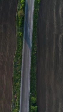 İçinden boş bir yol geçen yeşil bir çayırın veya vadinin havadan görünüşü. Doğanın güzelliği ve manzaranın sükuneti. Dikey video.