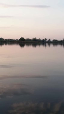 Huzurlu bir nehrin ya da doğa üzerindeki göl suyunun, yemyeşil ormanlarla çevrili ve yumuşak akşam ışığında yıkanmış sakin güzelliğinin havadan görünüşü. Dikey video.