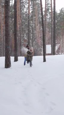 Neşeli orta yaşlı beyaz erkek ve kadın kış ormanlarında kartopu oynarken aile birlikte vakit geçiriyorlar. Dikey video.