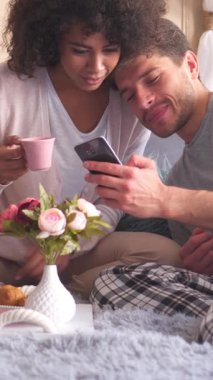 Evde internet eğlencesinden hoşlanan pozitif sevgili. Sıcaklık ve neşe dolu samimi bir ortamda telefonla rahatlamak. Dikey video.