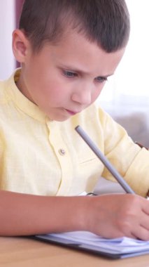 Ciddi bir okul çocuğu deftere bir şeyler yazıyor, ev ödevlerine odaklanıyor, sessiz bir ortamda derste konsantrasyon ve öğrenme ile meşgul oluyor. Dikey video.