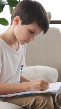 Evde not defteri kullanarak ev ödevi yapmaya odaklanmış bir öğrenci, bir öğrenme projesi üzerinde çalışıyor ve sakin bir ortamda konsantrasyonla çalışıyor. Dikey video.