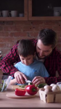 Baba ve oğul birlikte salatalık doğrarken aynı zamanda evde yemek hazırlıyor ve birlikte itinayla ev aktivitelerinin tadını çıkarıyorlar. Dikey video.