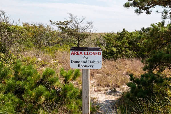 A sign posted in the dines of Fire Island reads Area closed for dune and habitat recovery.