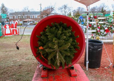 Bir Noel ağacını sicimle saran bir makineye bakıyorum. Yolun kenarındaki tezgahta..