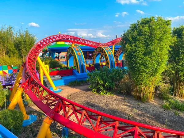 Colorful Rollercoaster Tracks Amusement Park Sunny Day — Stock Photo, Image
