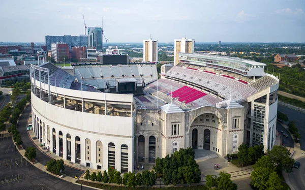 stock image Columbus, Ohio, USA - 5 August 2023: Drone view of the Ohio State Football Stadium set up for a concert early in the morning.