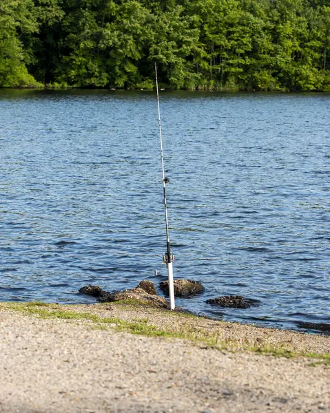 A fishing pole in a white tube on the shore of a lak