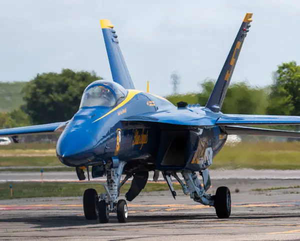 stock image Farmingdale, New York, USA - 26 May 2022: Close up of a Navy Blue Angels jets moving on a runway after landing at Farmingdale airport on Long Island.